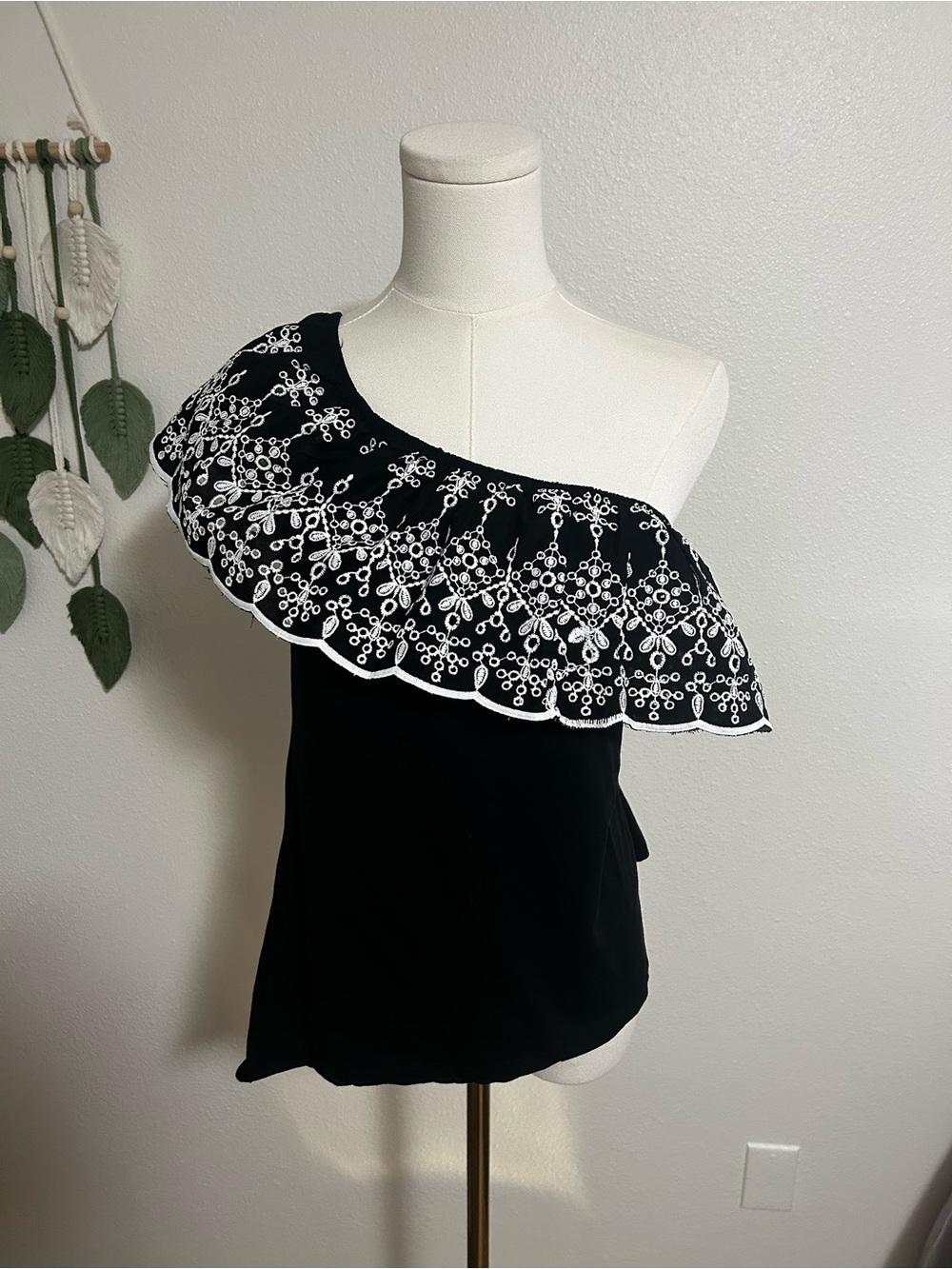 Asymmetrical Black One-Shoulder Top with White Embroidered Ruffle